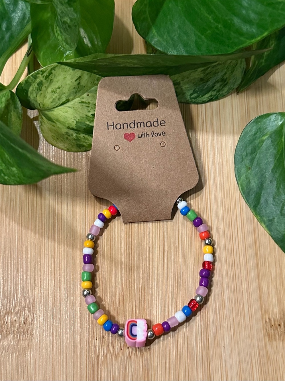 🌈✨ Rainbow Stretchy Beaded Bracelet | Handmade | Clay Rainbow Charm 🌈